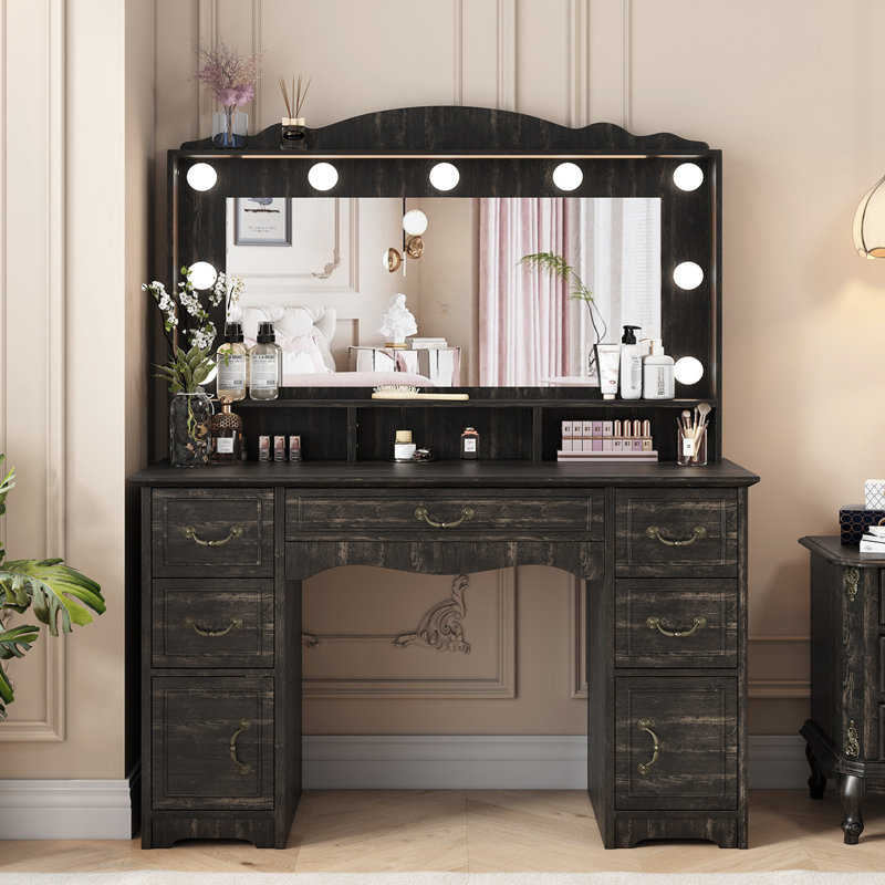 Large Makeup Vanity Desk With Lighted Mirror and 5 Drawers, Wooden French Country Modern Farmhouse White Dressing Table With Charging Station, makeup bedroom vanity with lights, Pink, White, Walnut