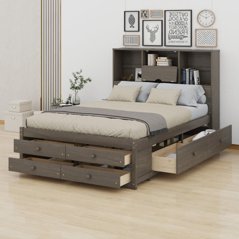 Lit plateforme avec tête de lit avec rangement et 8 tiroirs, Gris
