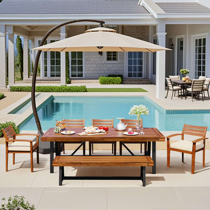 Ensemble de salle à manger d'extérieur en bois 7 pièces 7 pièces, avec 5 coussins ergonomiques, banc et table spacieuse, ensemble de mobilier de patio pour 7 à 8 personnes