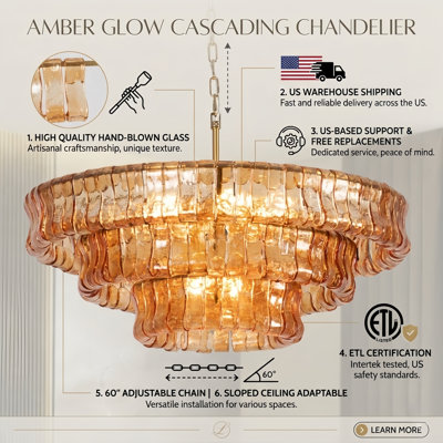 9-Light 32"W Polished Brass Modern Tired Chandelier with Hand-Blown Amber Glass for Dining Room or Living Room