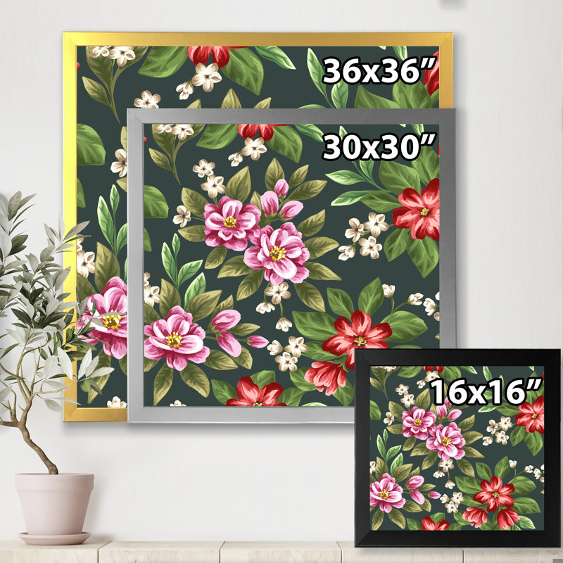 Fleurs rétro roses et rouges I - peinture sur toile, Cadre photo argenté, H 16 po x l 16 po x P 1 po