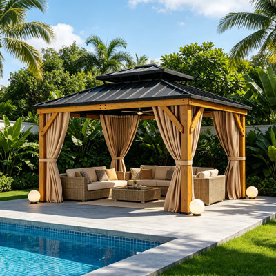 Edrosie Inc L 11 pi. D Pavillon de jardin d'extérieur à toit rigide en acier massif avec rideaux