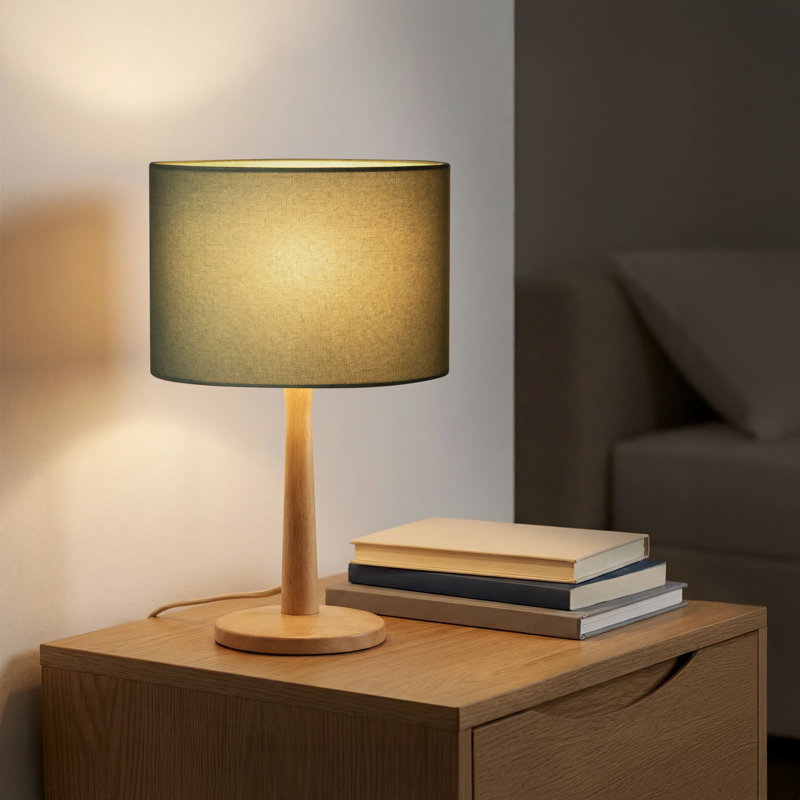 Lampe de table dimmable de style Mid-Century de 41,4 cm (16,3 po) avec abat-jour cylindrique en lin vert, base en bois d'hévéa naturel et douille E26, certifiée cULus pour les tables de chevet, les tables d'appoint de salon ou les bureaux à domicile.