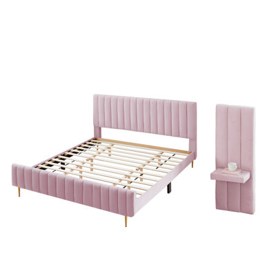 Velvet Upholstered Modern Platform Bed Set With Bedside Panel Nightstand, No Box Spring Needed
