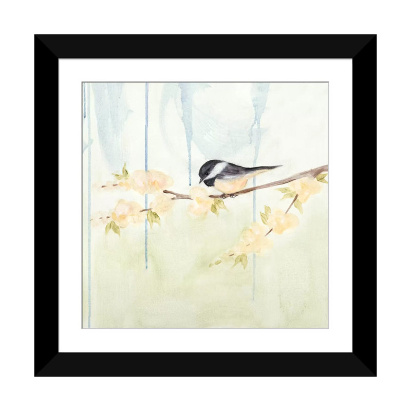 « spring chickadees iii », reproduction d’impression sur toile, H 16 po x l 16 po x P 1 po, Papier d'art encadré noir, Blanc