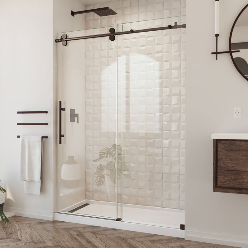 Enigma-XO 50" W x 76" H Sliding Frameless Shower Door with Clear Max™ Technology, Oil Rubbed Bronze