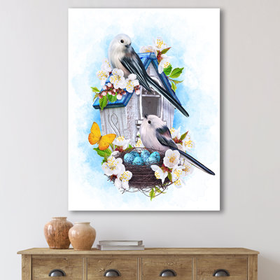 " Two Tit Birds Sitting Near The Nest With Eggs II "