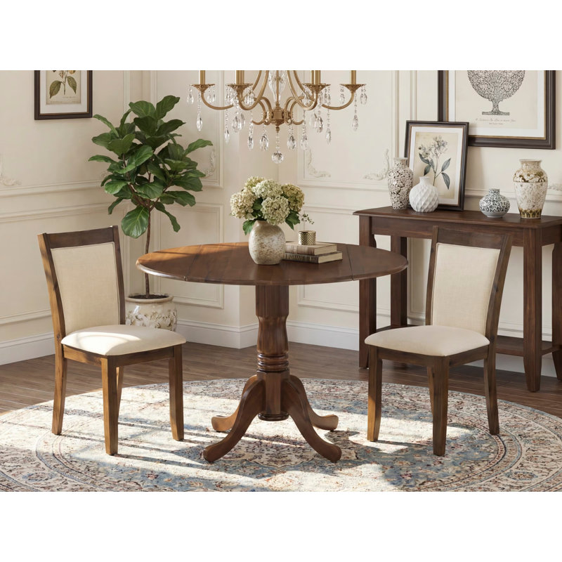 Ensemble de table de cuisine 3 pièces pour petits espaces composé d'une table ronde en bois avec Dropleaf et 2 chaises Parson rembourrées, 42 x 42 pouces, noyer antique