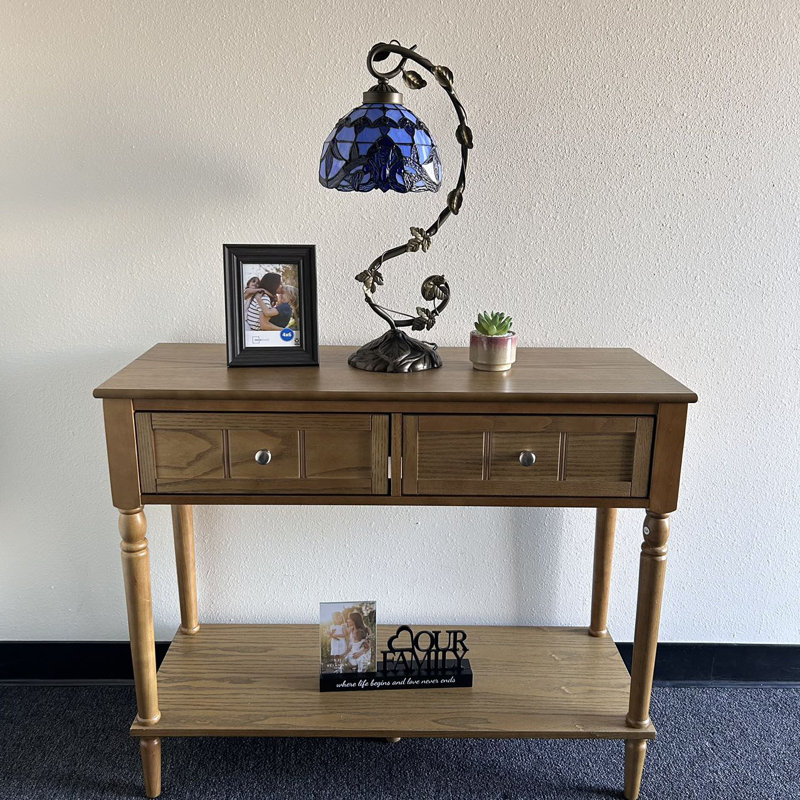 Lampe de table de style Tiffany Glison Vitrail bleu de style baroque avec feuilles en fer et lavande l 11 po x P 8 po x H 21 po