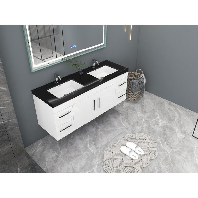 Ensemble de meuble-lavabo double mural 60 po Campblin, Blanc ultrabrillant, Noir mat