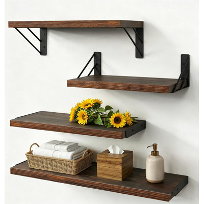 3-Piece Metal Wall Mounted Shelves Set,  Rustic Brown Floating Storage Display Shelf For Living Room, Bedroom, Office, Bathroom