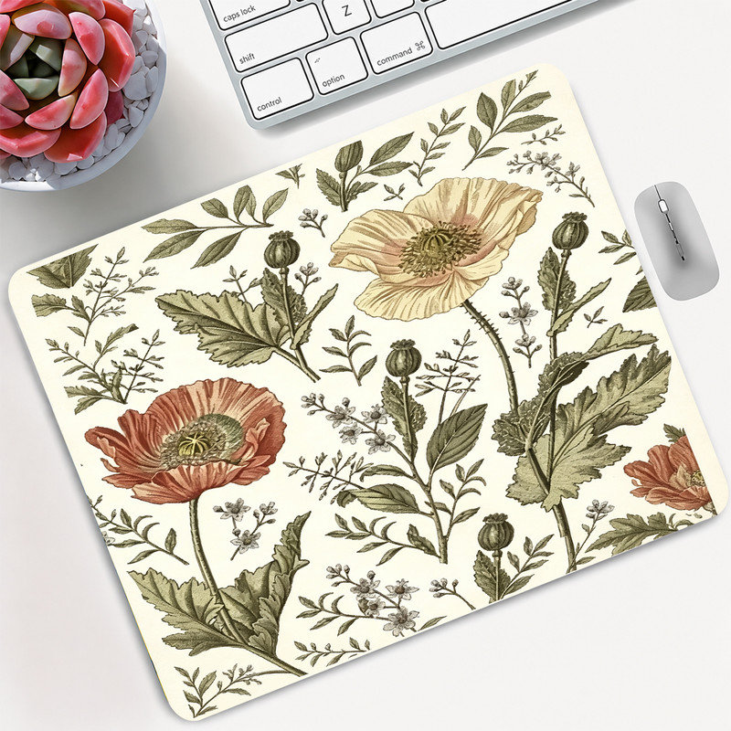  Tapis de souris en caoutchouc, surface en microfibre lisse, base antidérapante, tapis de souris décoratif à bord arrondi pour le bureau et les jeux, 12 po x 8 po, imprimé coquelicot botanique rose
