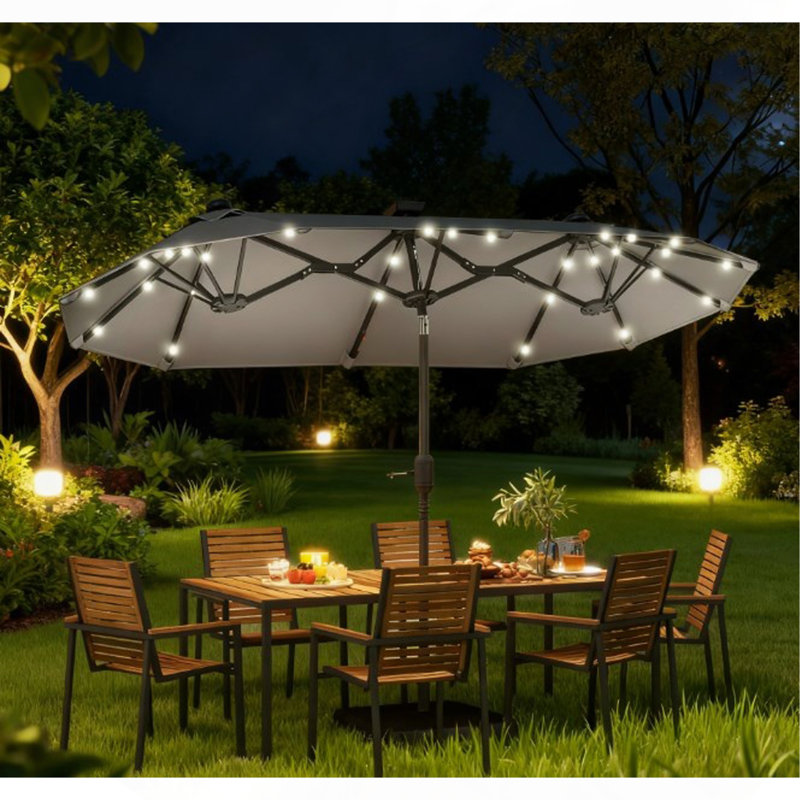 Parasol d'extérieur, parasol de terrasse double face, avec lumières solaires et base, parasol de table de salle à manger à bouton-poussoir inclinable