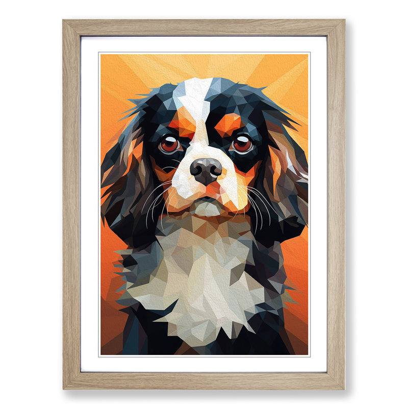 Cavalier King Charles Spaniel Geometric - Single Picture Frame Print on Wood, Oak, 64cm H x 46cm W x 2cm D
