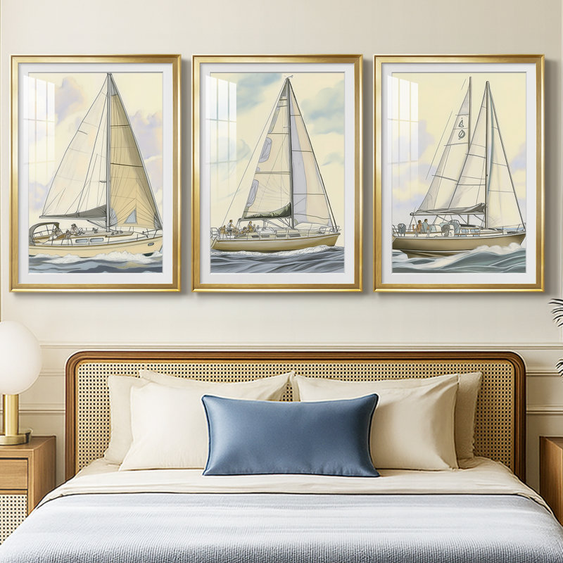 NAUTICAL Series CXIX - Impression sur mesure encadrée de qualité supérieure - 3 pièces, H 21 po x l 30 po, Doré