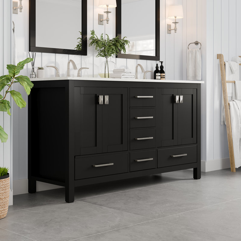 Ensemble de meuble-lavabo à double cuve espresso 60 po x P 22 po Minnich, Quartz - blanc de Carrare