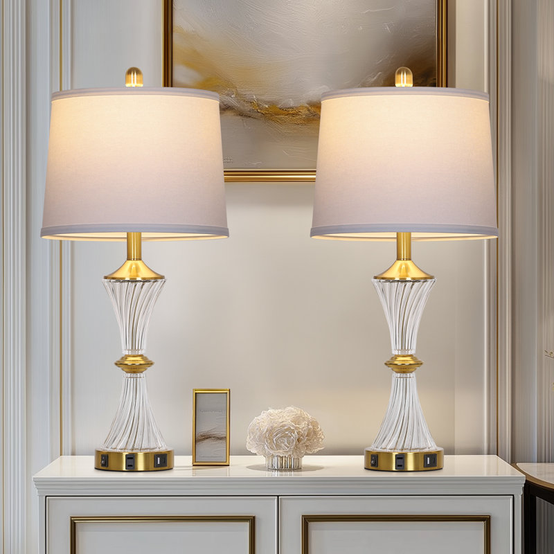 Lampe de table USB en verre bleu 28 po Gracelan, ampoules incluses, Laiton antique / transparent