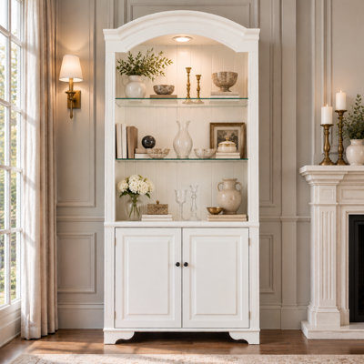 83" Arched Display Cabinet with Adjustable Color Temperature Light, 4-Tier Farmhouse Bookshelf with Glass Shelves and Storage Doors