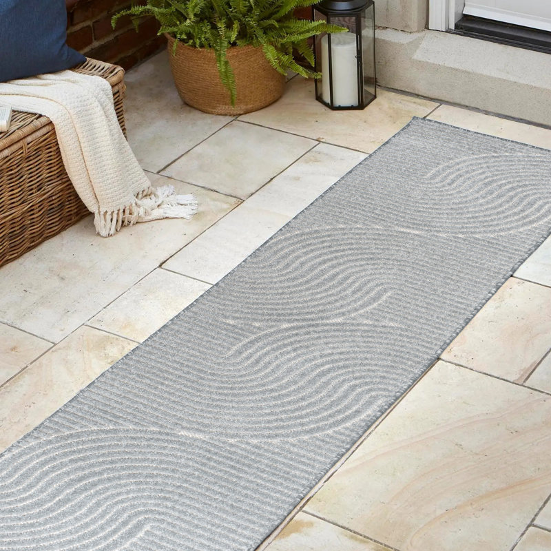 Andella High-Low Minimalist Curve Geometric Light Blue/Cream Indoor/Outdoor Rug, Runner 2' x 8'