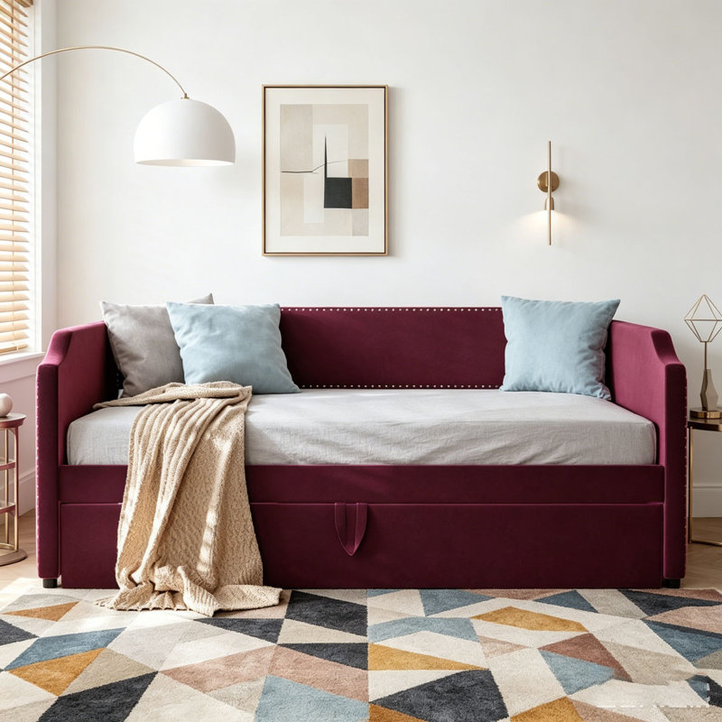 Lit de jour en velours avec lit gigogne, Wine Red