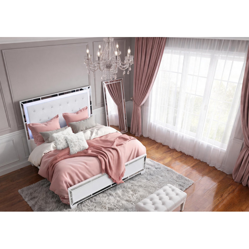 Fazeley Queen Tufted Bed with Lighted Headboard, White
