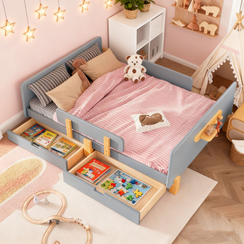 Lit plateforme avec tiroirs de rangement, structure de lit en bois massif avec garde-corps, petite tablette et crochets, gris