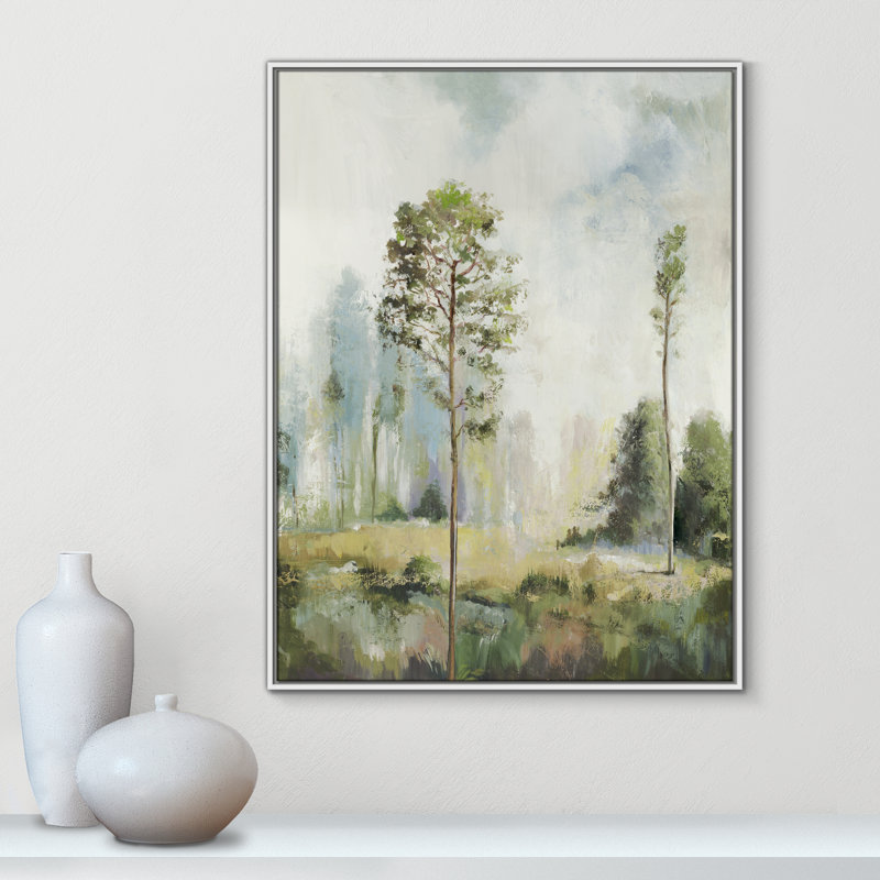 Teton Tall Green Trees I by Teton Pearce - Floater Frame Print on Canvas, 41.5" H x 31.5" W, White
