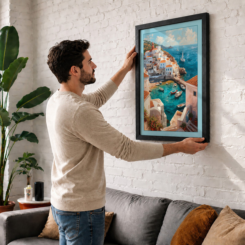 Mediterranean Clifftop Village Coastal - Framed Print, A2 - 59.4 x 42.0 cm, Black