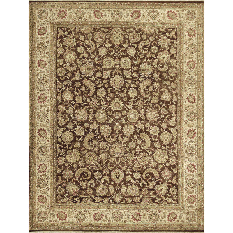 Tapis brun et crème noué à la main de haute qualité, Rectangle 4 pi x 6 pi