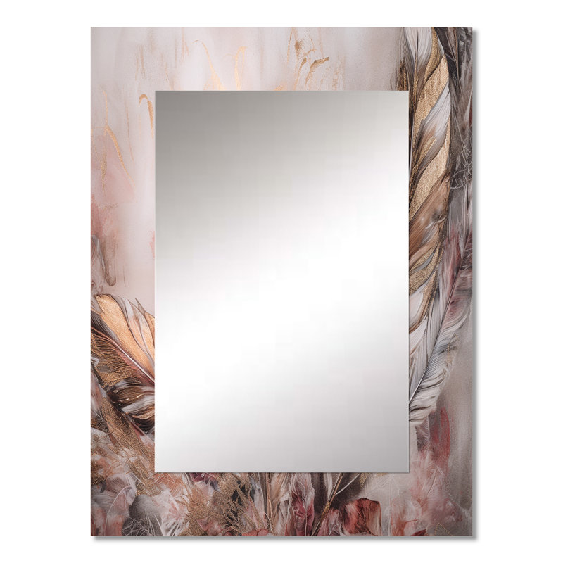 Gold Glamorous Feathers Of Boho Fantasy IV - Glam Feather Mirror, Modern Decorative Wall Mirror, Printed Metal Art, 32" x 24"