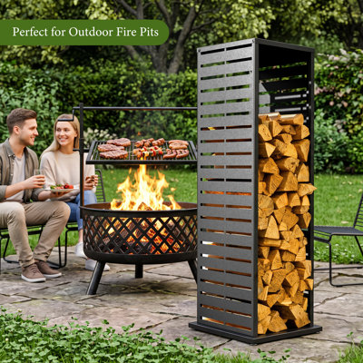 Support à bois de chauffage à persiennes parallèles de 4 pi avec conception découpée au laser linéaire, support à bûches en acier robuste de 300 lb et tablette décorative supérieure