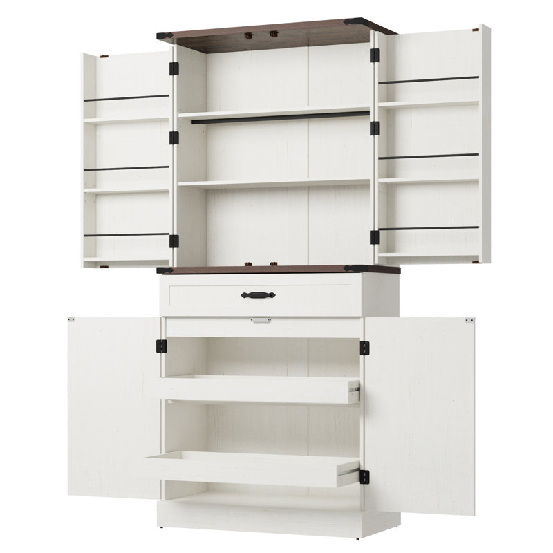 Garde-manger 71,3 po avec 6 tablettes de porte, 2 plateaux de rangement coulissants et 1 tiroir extérieur, Blanc