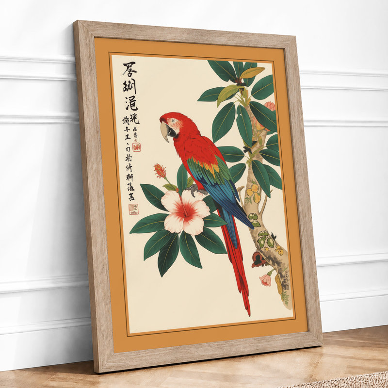 Macaw Among Blossoms Japandi - Framed Print, A1 - 84.1 x 59.4 cm, Oak