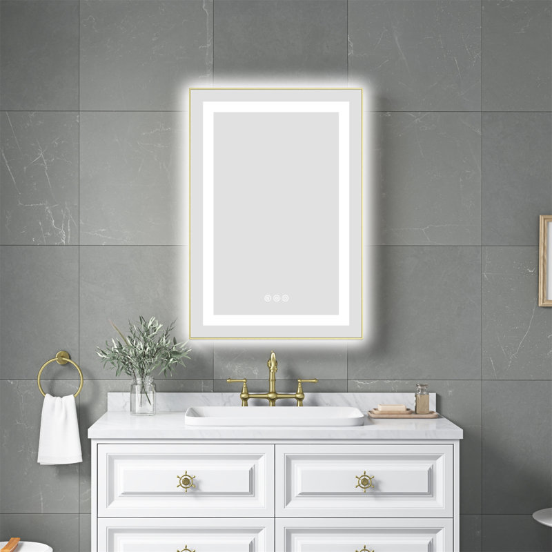 Miroir de salle de bain 36 po x 28 po à DEL avec façade et rétroéclairage, miroir de meuble-lavabo mural avec cadre en aluminium, antibuée, mémoire, 3 couleurs, gradation continue