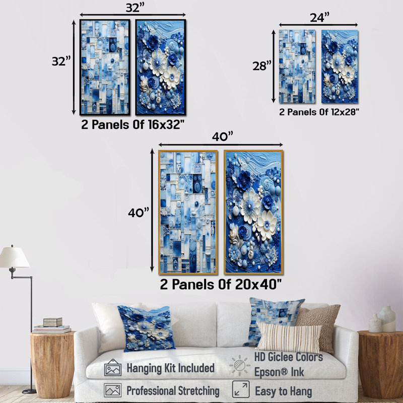 «Blue and White Botanical Tiles I», ensemble de 2 reproductions d'art sur toile, H 32 po x l 33 po, Toile tendue