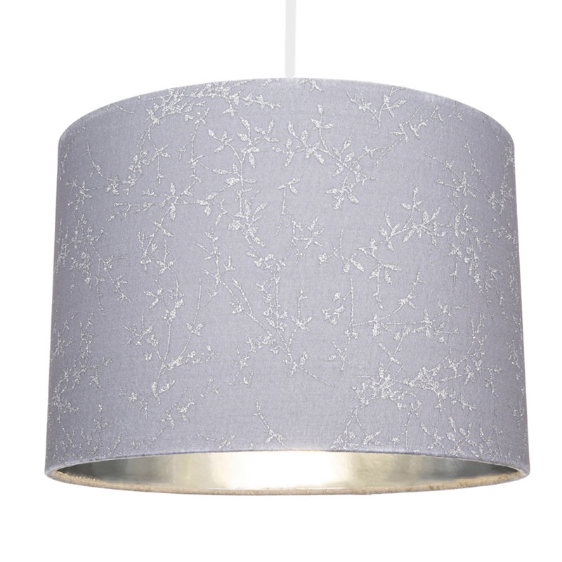 Modern Soft Cotton Fabric Lamp Shade with Shiny Foil Floral Decoration, 20cm H x 30cm W x 30cm D, Blue