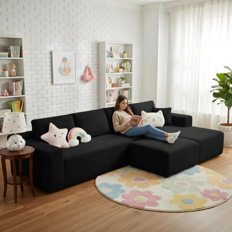 Canapé modulaire de forme basse en L de 134 po avec repose-pieds 4 places, 134 po, Noir, Orienté à droite