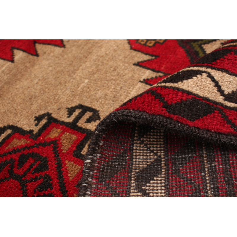 Tapis rouge / brun clair en laine noué à la main