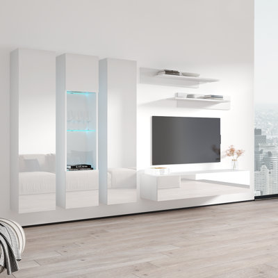 Vong 120" Modern Floating Wall Mounted Entertainment Center with 16-Color LED Lighting, High Gloss Finish