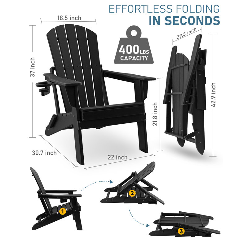 HDPE Folding Adirondack Chair With Cup Holder,Weather-Resistant, Low Maintenance,Supports Up To 400Lbs,,3Pack, Black