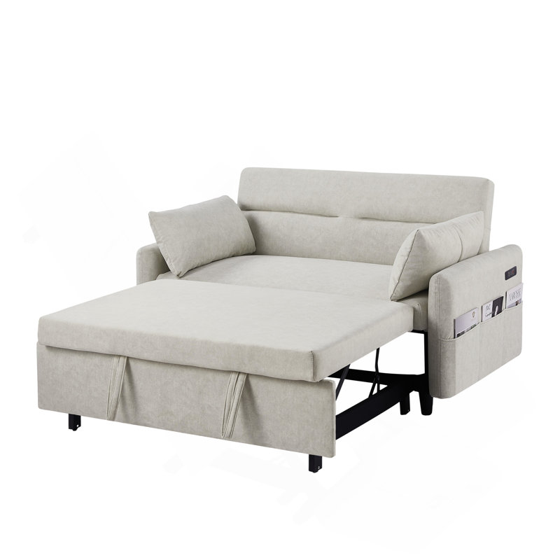 Canapé-lit de 55,1 po avec canapé-lit et dossier amovible, poches de rangement, 2 coussins moelleux, ports USB pour salon, chambre à coucher, appartement, bureau, beige