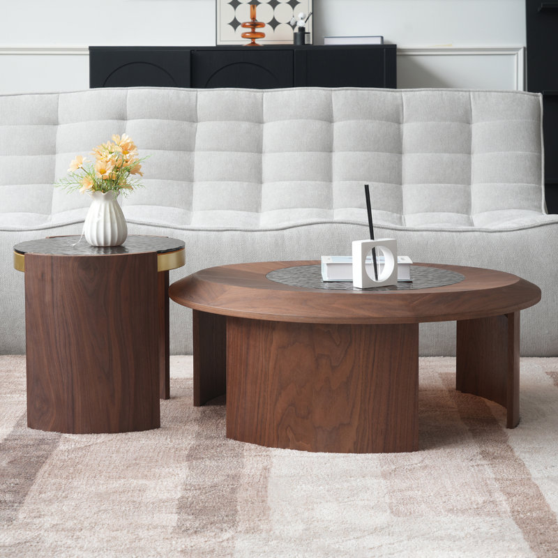 Walnut Wood and Ripple Glass Round Nesting Coffee Table Set