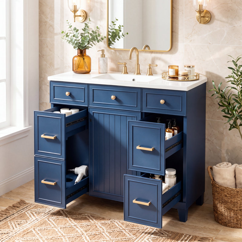 Meuble-lavabo de 91 cm (36 po) avec lavabo en céramique, structure en bois massif, portes à fermeture amortie, étagères réglables et 3 tiroirs avec rangement double profondeur pour sèche-cheveux.