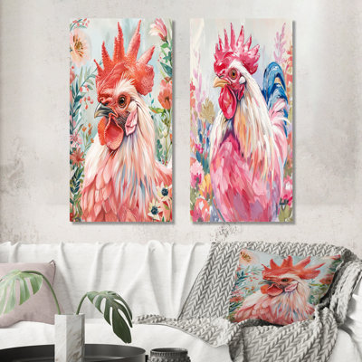 Red Green Rooster Gardens I - Rooster Animal Wall Art 2 Pieces Set