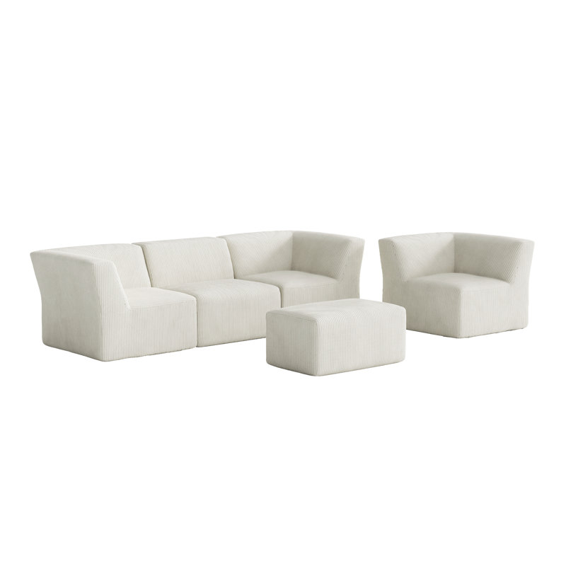 Ensemble de canapé modulaire rembourré en velours côtelé beige avec repose-pieds amovible Berlare, Velours côtelé beige