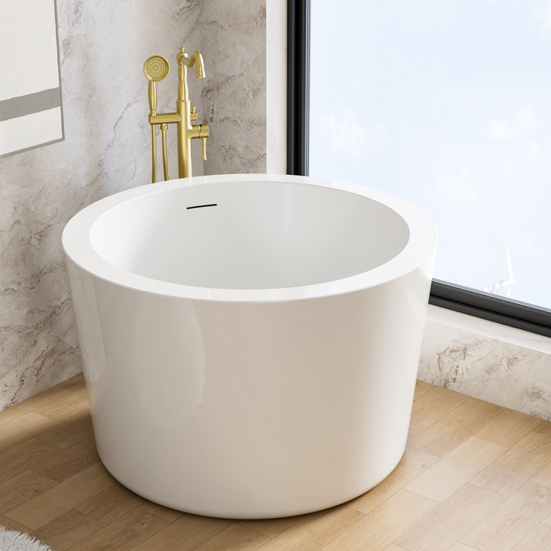 Baignoire de trempage autoportante ronde en acrylique blanche l 41 po x P 41 po avec siège intégré, bonde escamotable et trop-plein à rainure