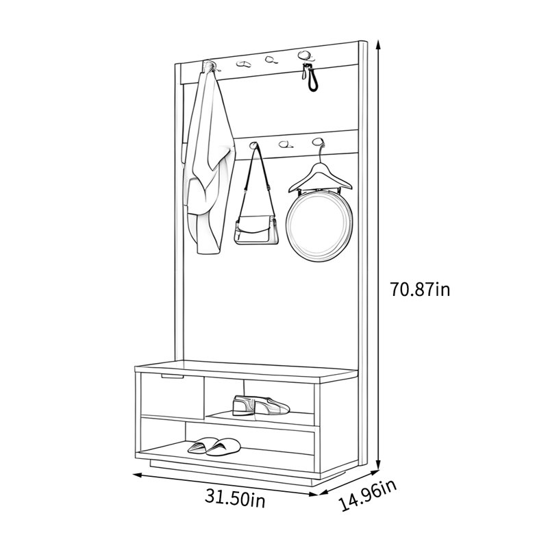 Multi-Hook Coat Rack with Storage Drawers, Burlywood