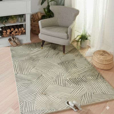 Élégant tapis transitionnel beige en laine noué à la main moderne et doré