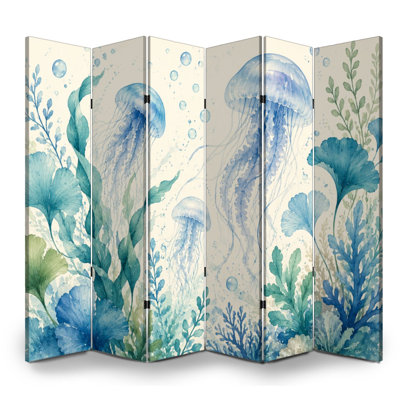 6 panneaux paravent pliant paravent Royal Watercolor Jellyfish Seaweed Marine Scène sous-marine Toile séparateur de pièce Paravent de protection autoportant Cloison d'intimité pour salle de bain