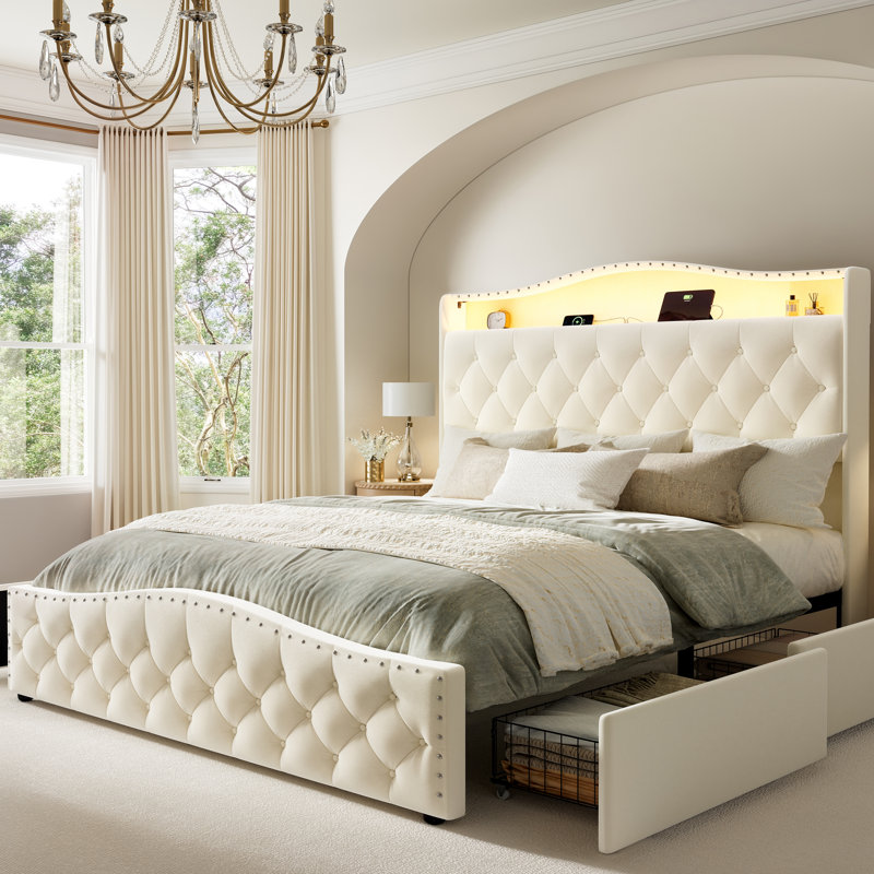 Upholstered Queen Bed Frame with 4 Storage Drawers and 52.5" Tall Headboard,  Platform Bed with Charging Station & LED Light, No Spring Box Needed